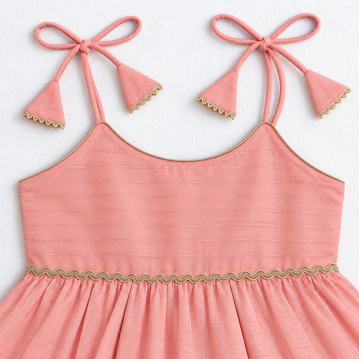 The Magic Wand Woven Shoulder Tie-Up Laced Zari Stripe Kurti And Pant Set With Dupatta - Light Pink