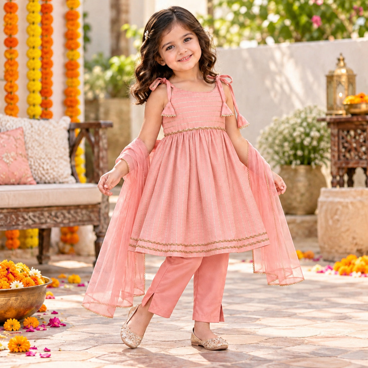 The Magic Wand Woven Shoulder Tie-Up Laced Zari Stripe Kurti And Pant Set With Dupatta - Light Pink