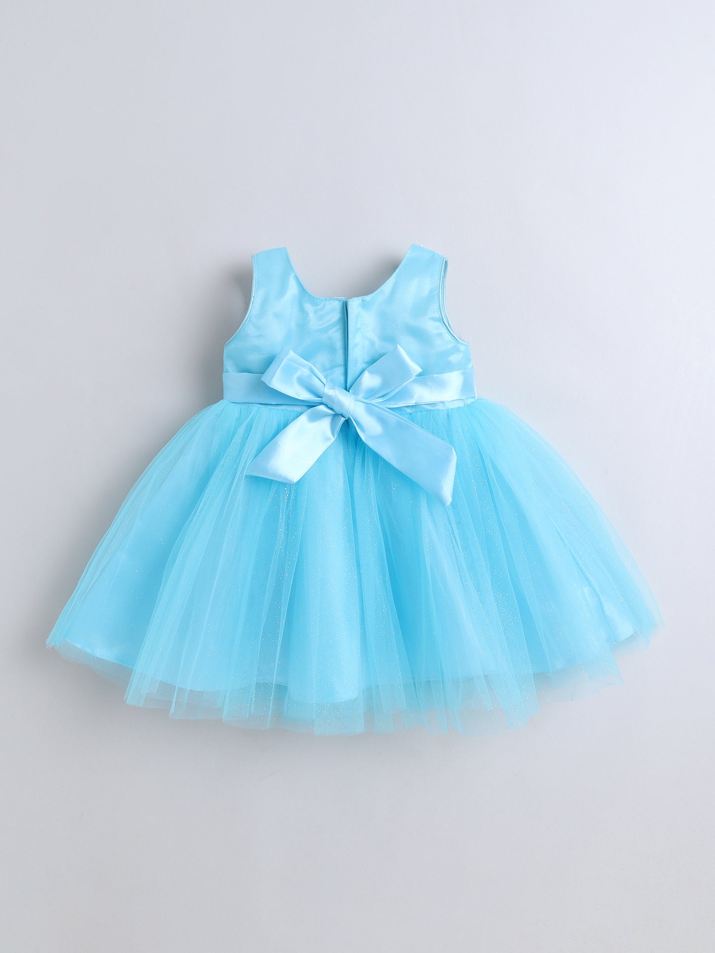  Sleeveless Net Floral Embroidered With Bow Detail Party Dress - Blue