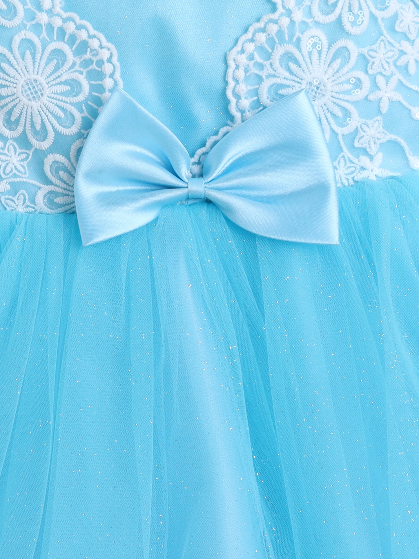  Sleeveless Net Floral Embroidered With Bow Detail Party Dress - Blue