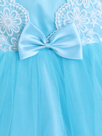  Sleeveless Net Floral Embroidered With Bow Detail Party Dress - Blue