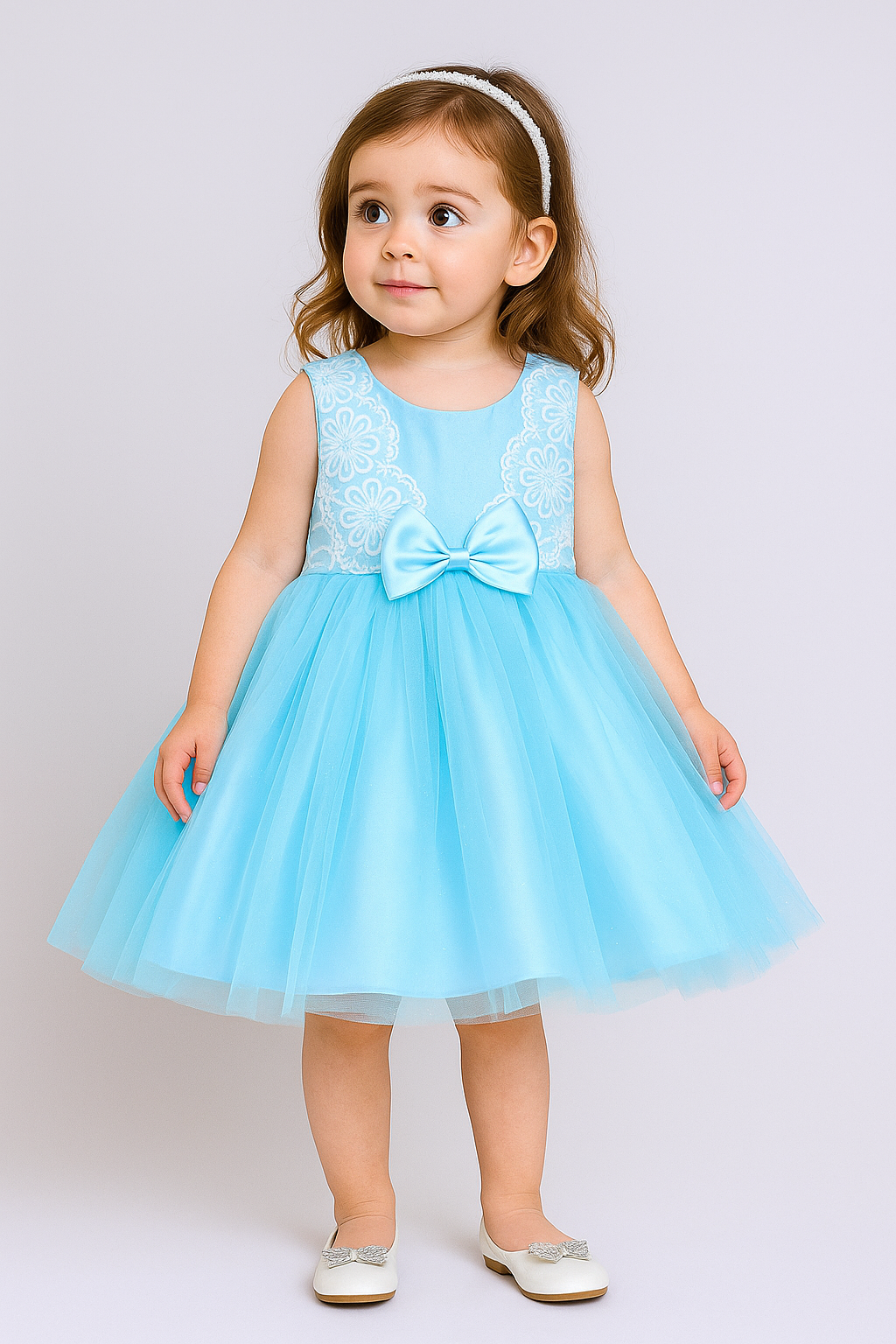  Sleeveless Net Floral Embroidered With Bow Detail Party Dress - Blue