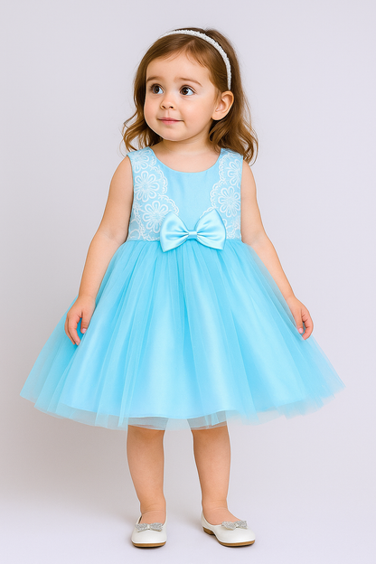  Sleeveless Net Floral Embroidered With Bow Detail Party Dress - Blue