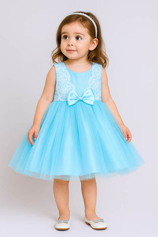  Sleeveless Net Floral Embroidered With Bow Detail Party Dress - Blue