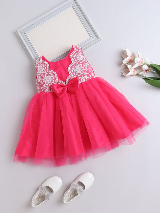  Sleeveless Net Floral Embroidered With Bow Detail Party Dress - Fuchsia