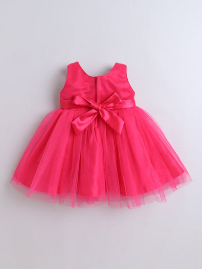  Sleeveless Net Floral Embroidered With Bow Detail Party Dress - Fuchsia