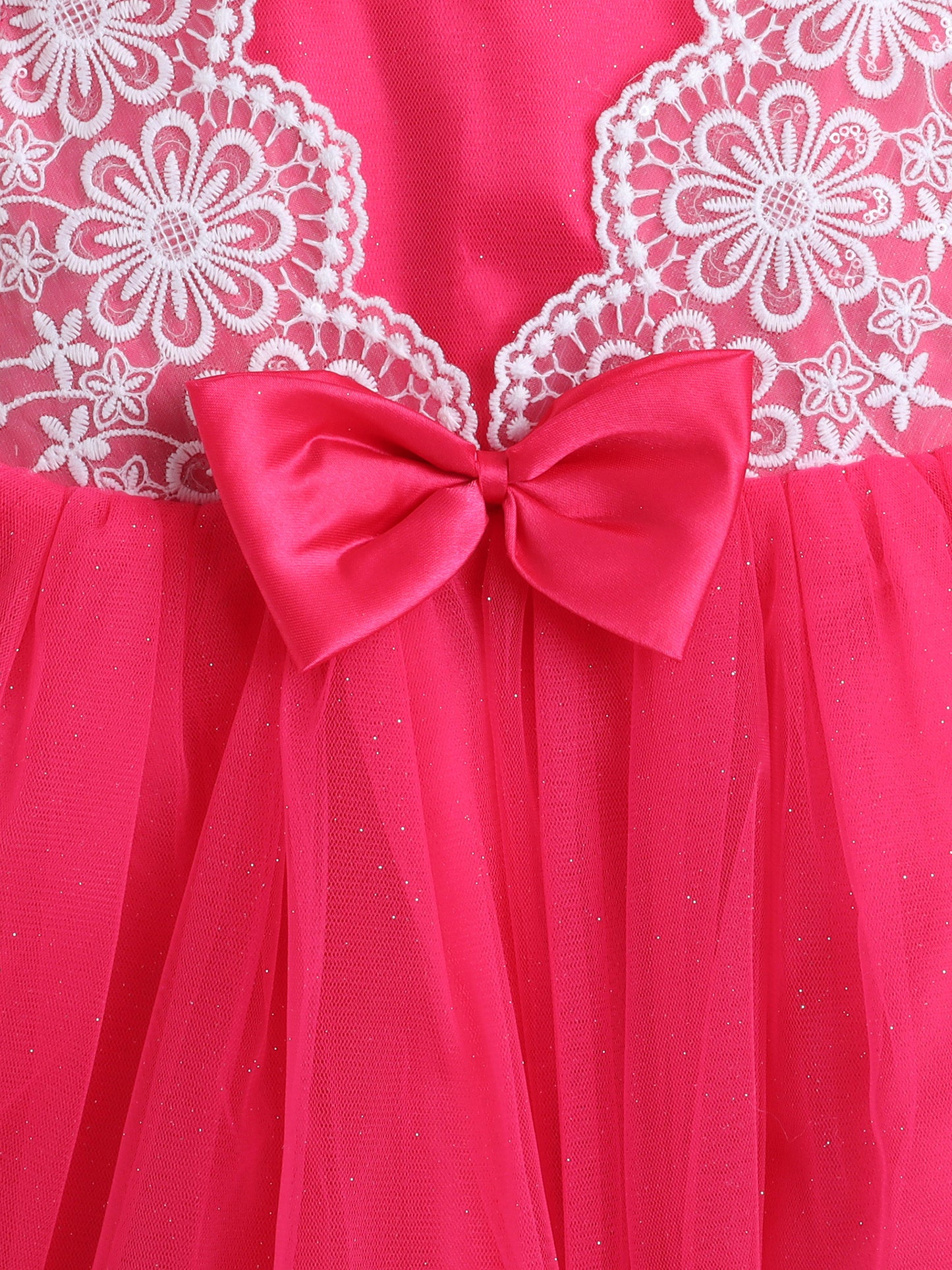  Sleeveless Net Floral Embroidered With Bow Detail Party Dress - Fuchsia