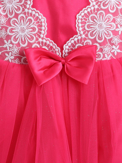  Sleeveless Net Floral Embroidered With Bow Detail Party Dress - Fuchsia