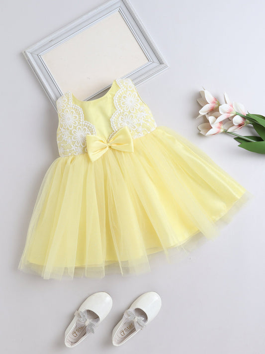  Sleeveless Net Floral Embroidered With Bow Detail Party Dress - Yellow