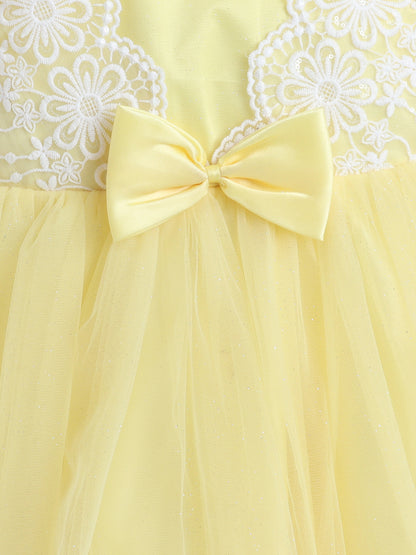  Sleeveless Net Floral Embroidered With Bow Detail Party Dress - Yellow