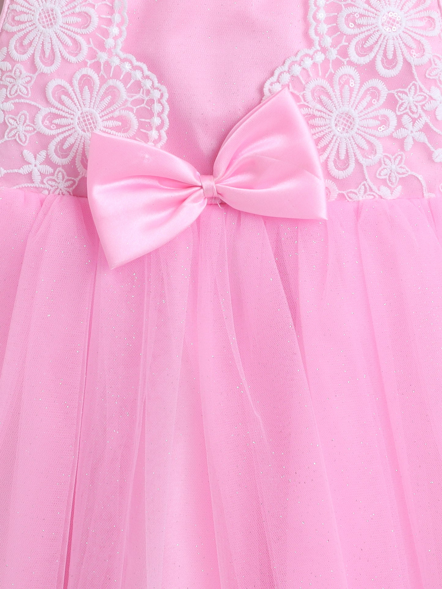 Sleeveless Net Floral Embroidered With Bow Detail Party Dress - Pink