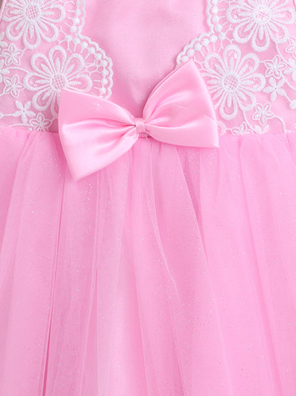 Sleeveless Net Floral Embroidered With Bow Detail Party Dress - Pink