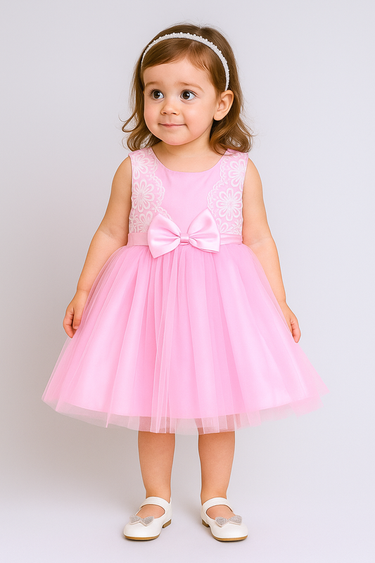 Sleeveless Net Floral Embroidered With Bow Detail Party Dress - Pink