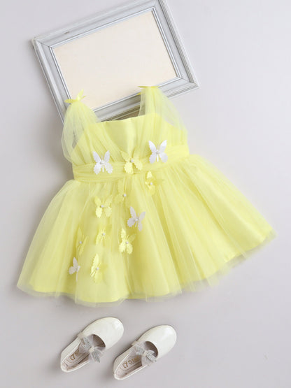 The Magic Wand Net Sleeveless Solid Printed Butterfly Detailed Dress-Yellow