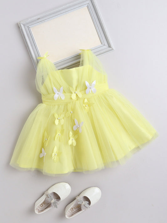 The Magic Wand Net Sleeveless Solid Printed Butterfly Detailed Dress-Yellow