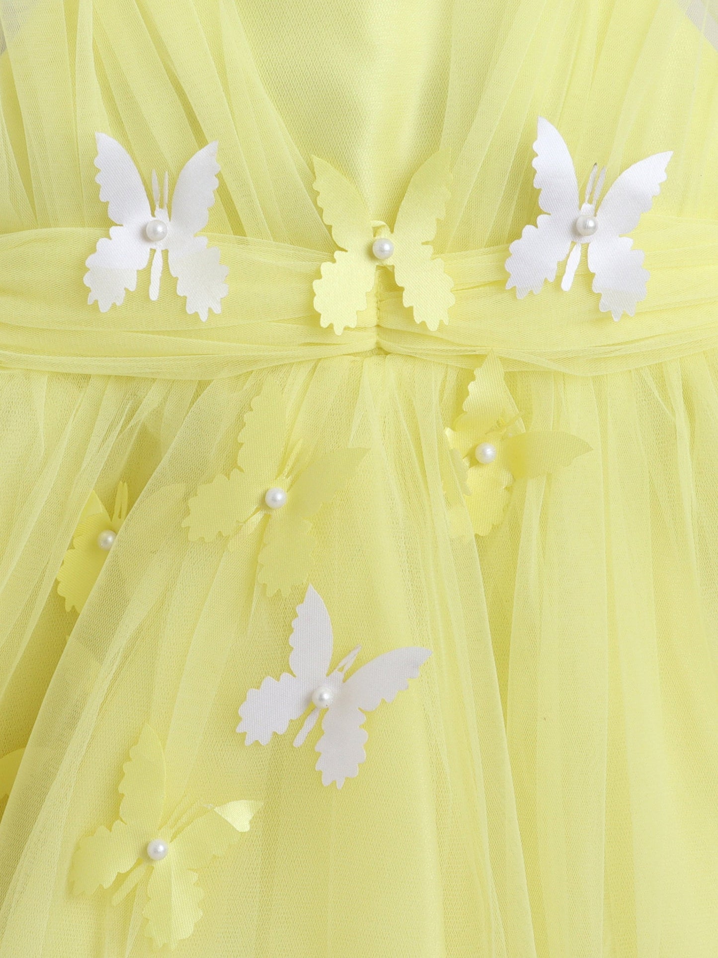 The Magic Wand Net Sleeveless Solid Printed Butterfly Detailed Dress-Yellow
