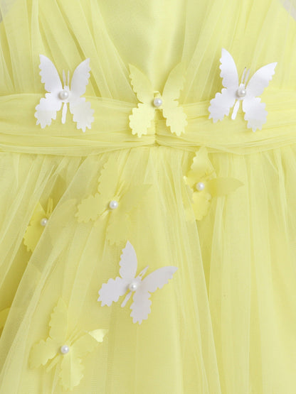 The Magic Wand Net Sleeveless Solid Printed Butterfly Detailed Dress-Yellow