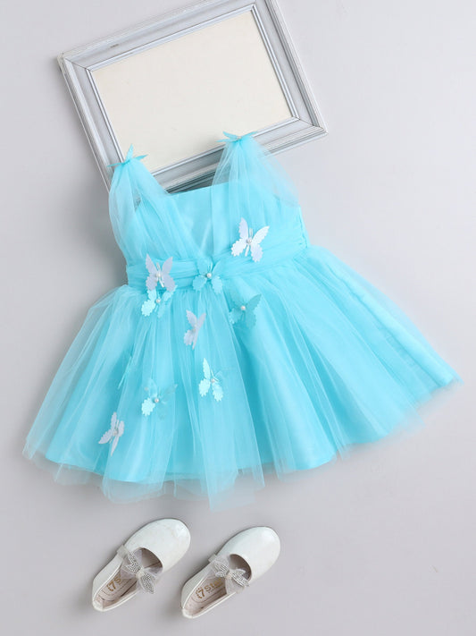 The Magic Wand Net Sleeveless Solid Printed Butterfly Detailed Dress-Blue