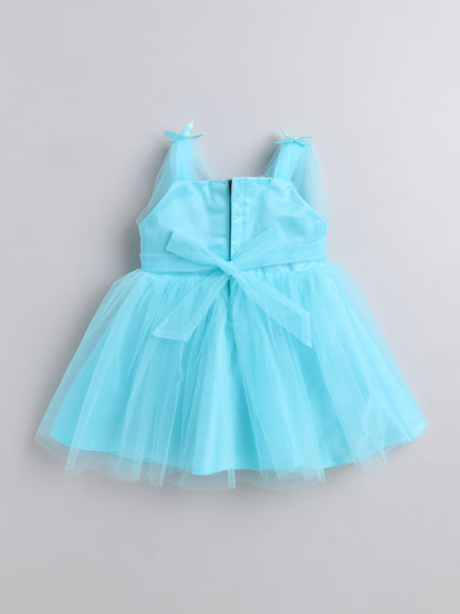 The Magic Wand Net Sleeveless Solid Printed Butterfly Detailed Dress-Blue