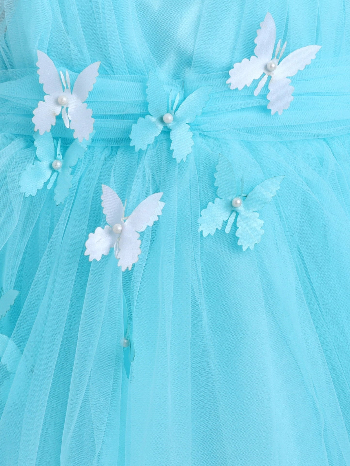 The Magic Wand Net Sleeveless Solid Printed Butterfly Detailed Dress-Blue