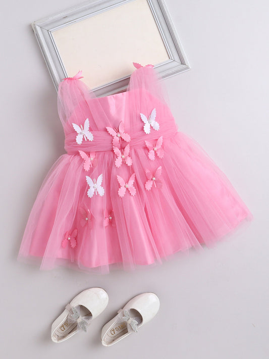The Magic Wand Net Sleeveless Solid Printed Butterfly Detailed Dress-Pink