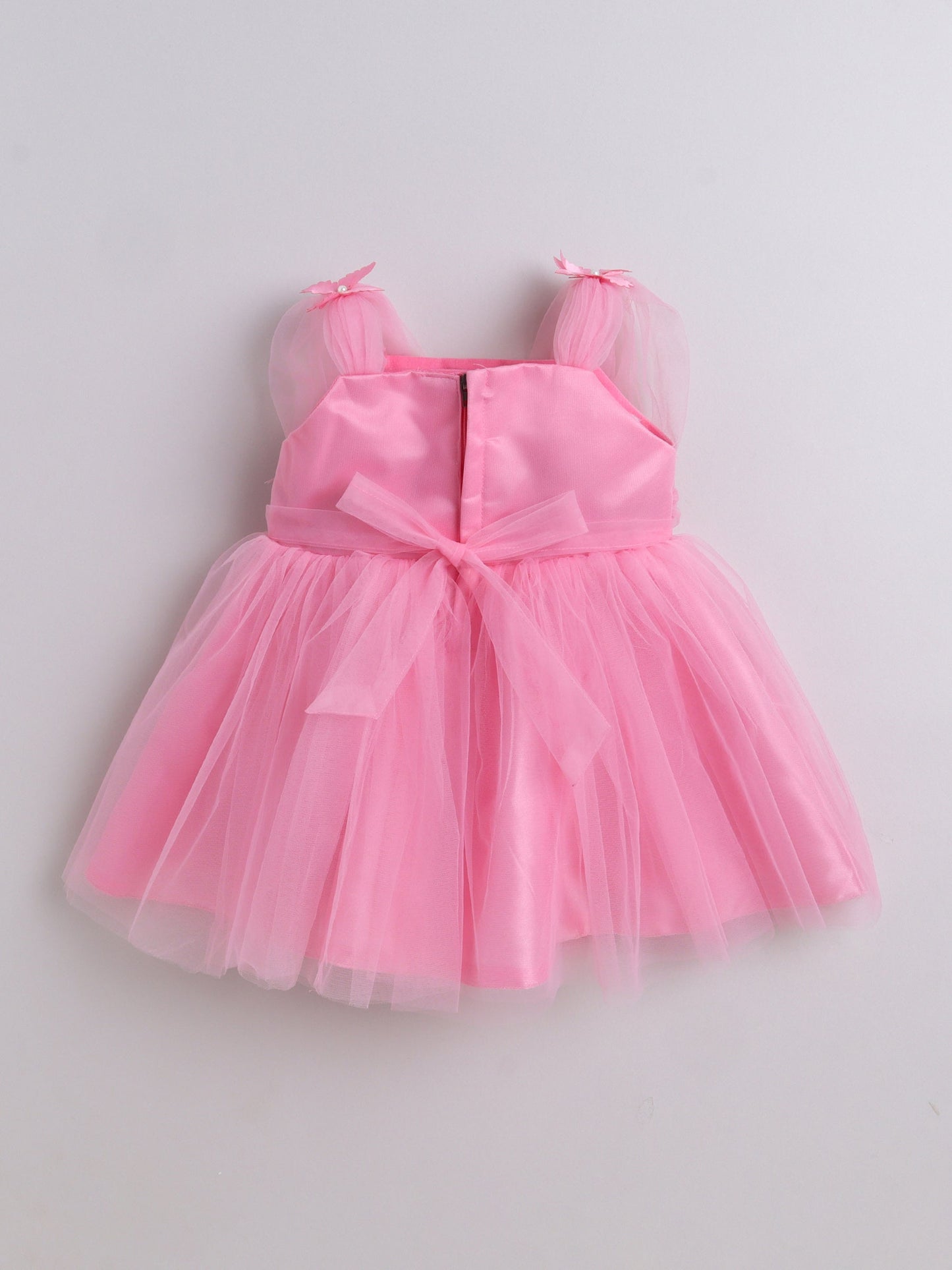 The Magic Wand Net Sleeveless Solid Printed Butterfly Detailed Dress-Pink