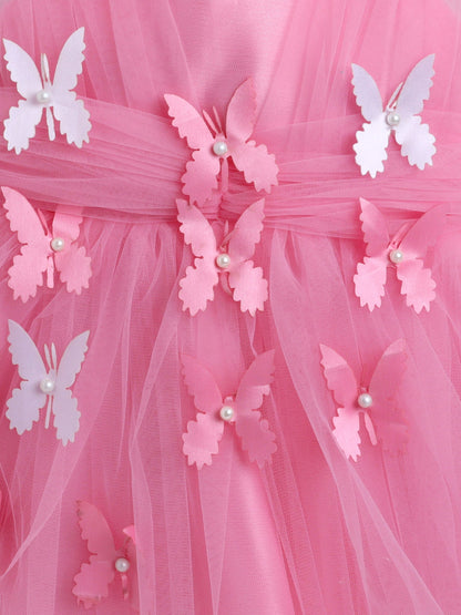 The Magic Wand Net Sleeveless Solid Printed Butterfly Detailed Dress-Pink
