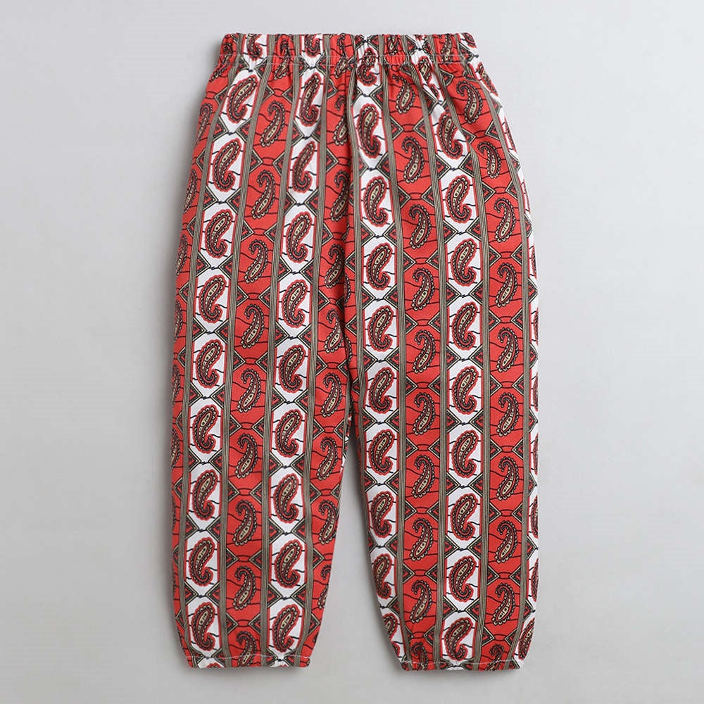 Cap Frill Sleeves Solid Top With Paisley Printed Pants - Grey & Red