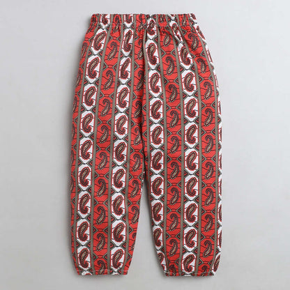 Cap Frill Sleeves Solid Top With Paisley Printed Pants - Grey & Red