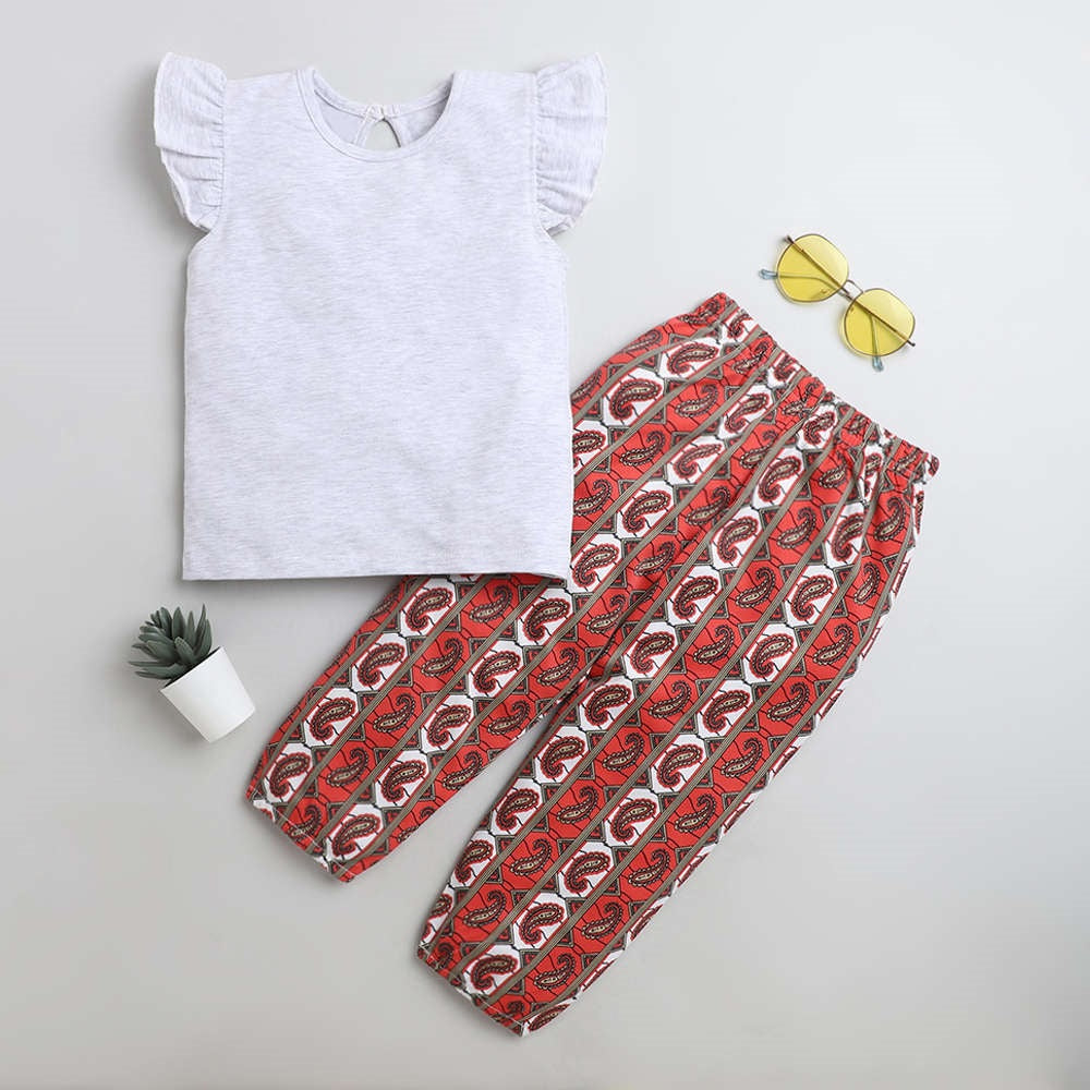 Cap Frill Sleeves Solid Top With Paisley Printed Pants - Grey & Red