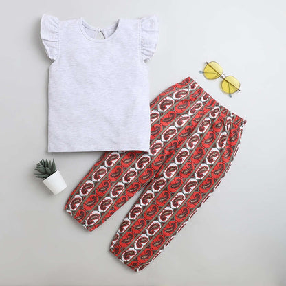 Cap Frill Sleeves Solid Top With Paisley Printed Pants - Grey & Red
