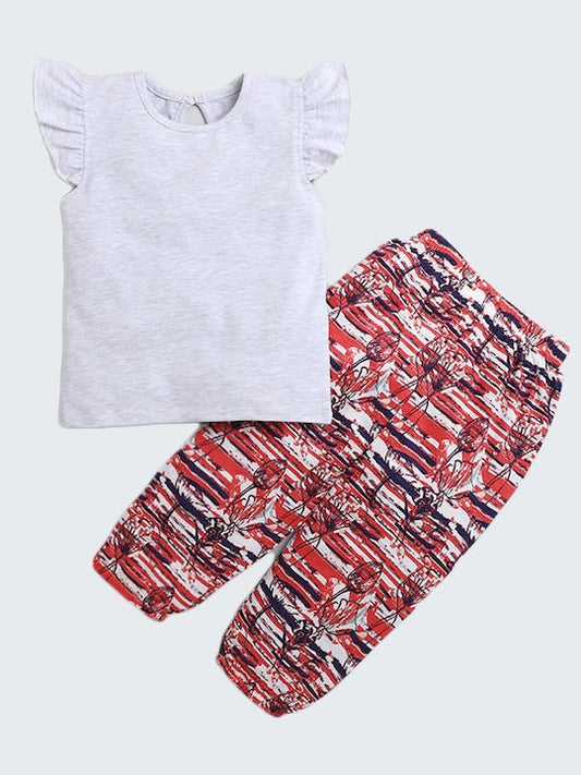 The Magic Wand Cap Frill Sleeves Solid Top With Abstract Floral Printed Pants Grey