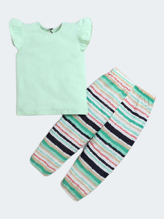 The Magic Wand Cap Frill Sleeves Solid Top With Striped Pants Blue