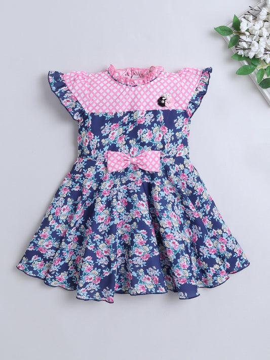 The Magic Wand Cap Sleeves Floral Printed Bow Applique Dress -Pink