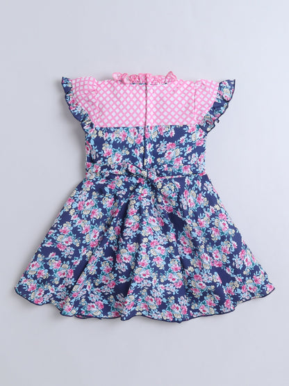 The Magic Wand Cap Sleeves Floral Printed Bow Applique Dress -Pink