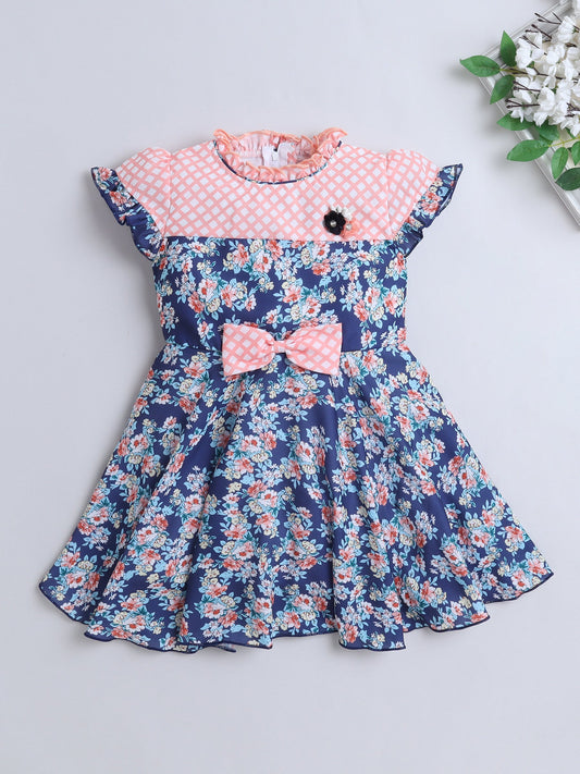 The Magic Wand Cap Sleeves Floral Printed Bow Applique Dress - Peach