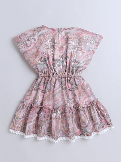 Sleeveless Abstract Printed & Beads Embellished Dress - Peach