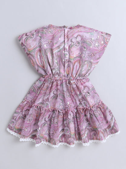 Sleeveless Floral Printed Lace Embellished Dress - Pink