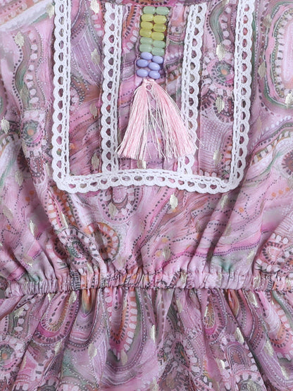 Sleeveless Floral Printed Lace Embellished Dress - Pink