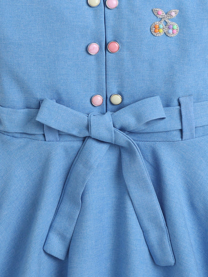 Cotton Sleeveless Cherry Embellished Dress - Blue