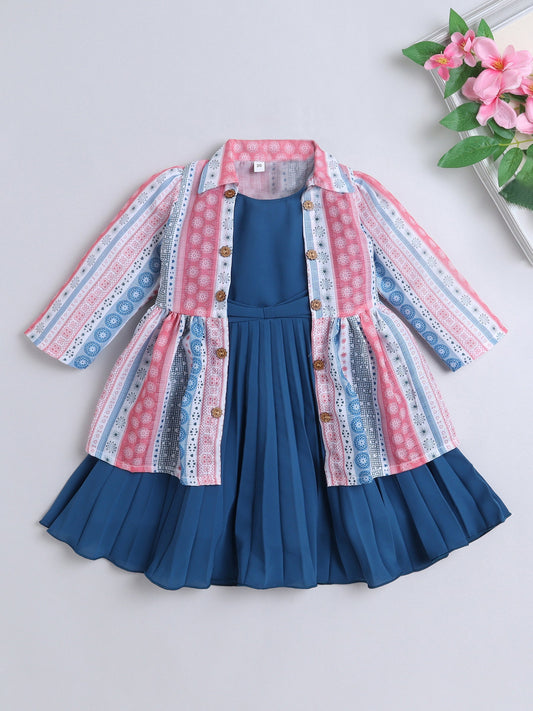 The Magic Wand Sleeveless Solid  Dress With Printed 3/4th Sleeves Jacket - Teal