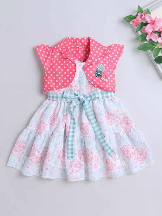 The Magic Wand Sleeveless Floral Printed Dress With Cap Sleeve Jacket - Peach