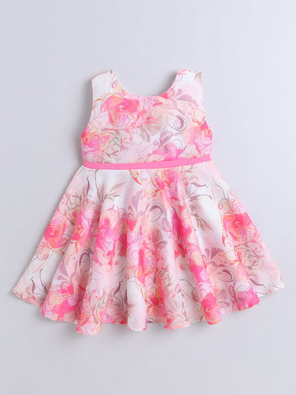 Floral Printed Dress With Three Fourth Bell Sleeves Jacket - Pink