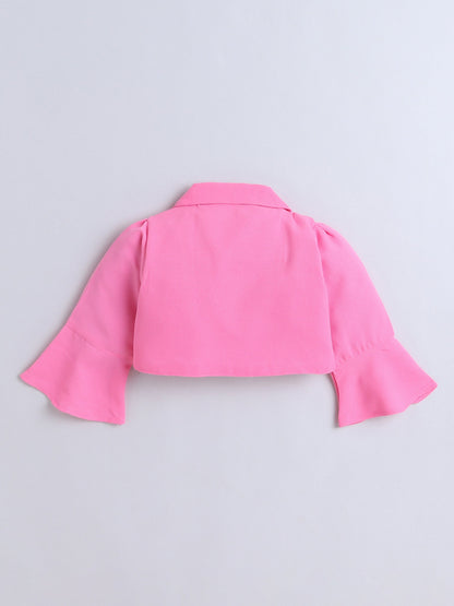 Floral Printed Dress With Three Fourth Bell Sleeves Jacket - Pink