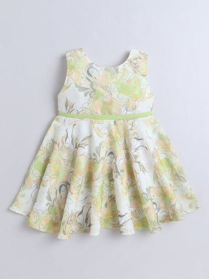 Floral Printed Dress With Three Fourth Bell Sleeves Jacket - Green