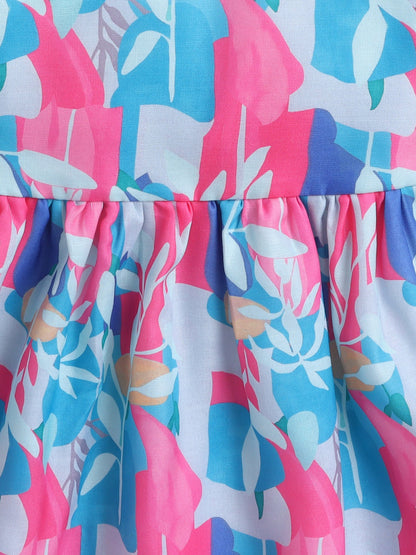 Full Bell Sleeves Leaves Printed Dress With Jacket - Fuchsia