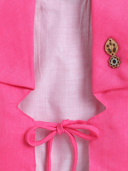 Full Bell Sleeves Leaves Printed Dress With Jacket - Fuchsia