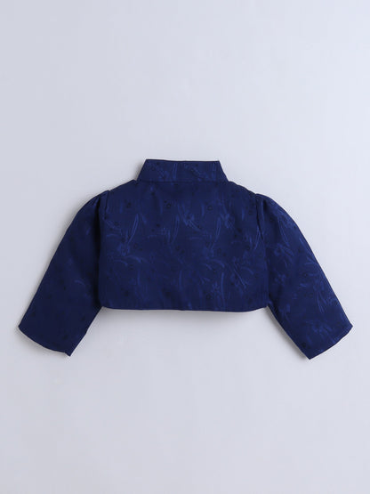 Geometric Printed Dress With Full Sleeves Floral Embroidered Jacket - Blue