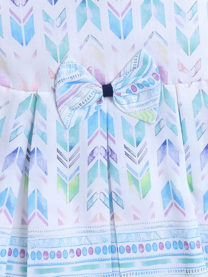 Geometric Printed Dress With Full Sleeves Floral Embroidered Jacket - Blue