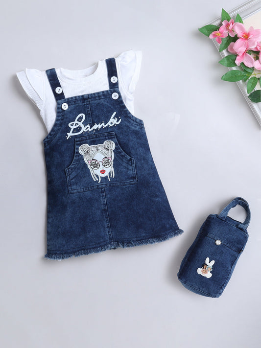 The Magic Wand Girls Print Dungaree With T-Shirt and Bag - Blue